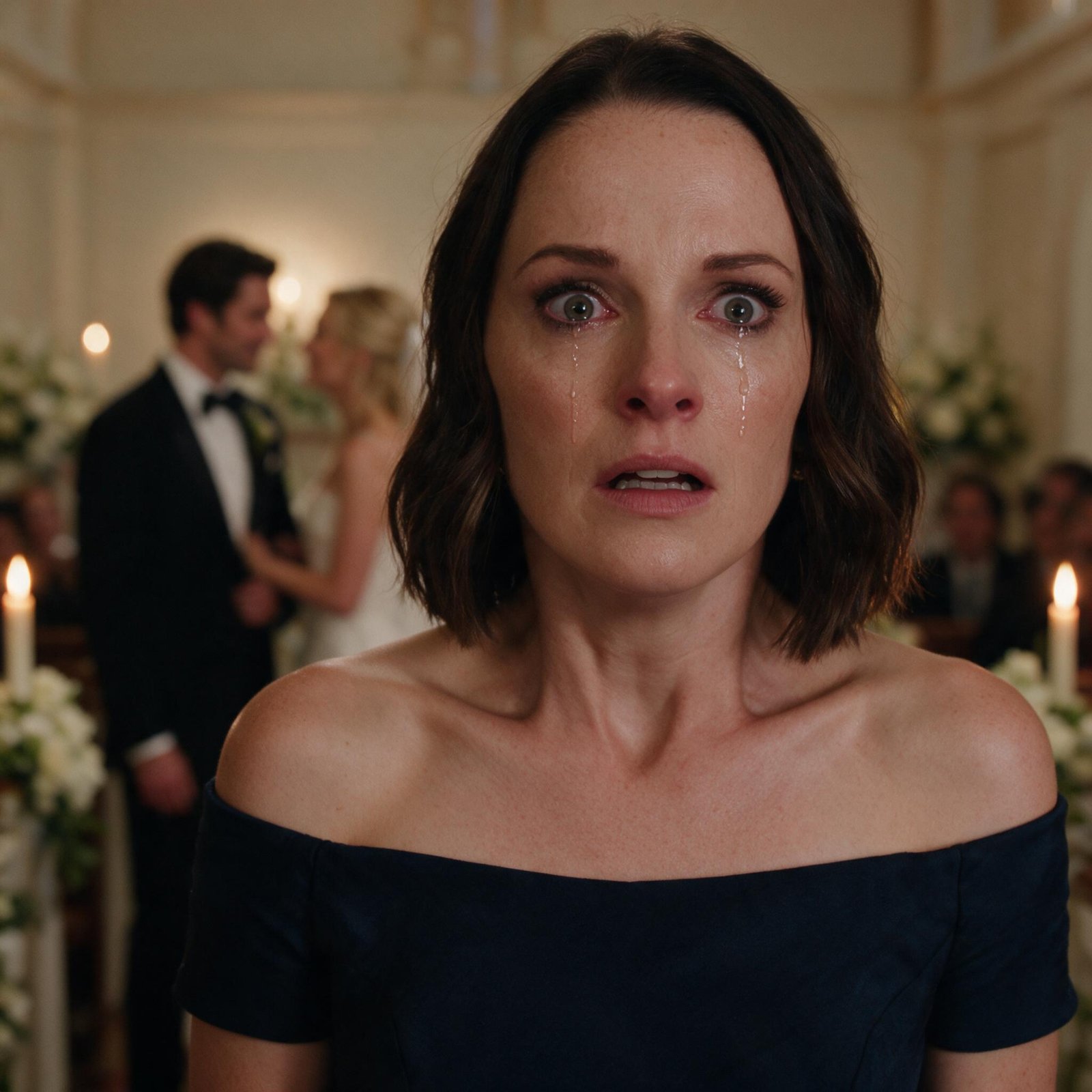 A woman in a black dress standing in the open doors of a wedding chapel