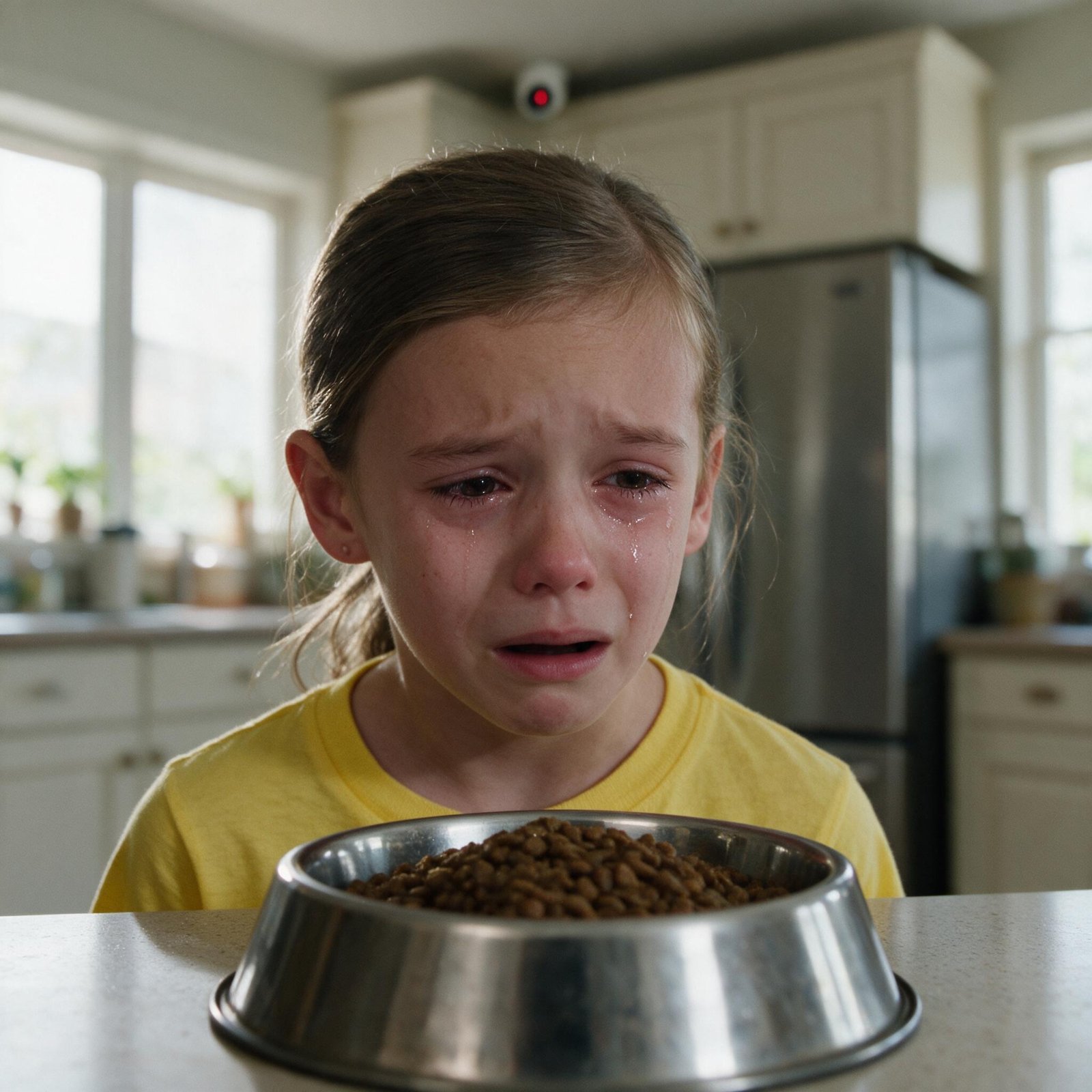 A little girl in a yellow T-shirt crying in front of a steel bowl of dog kibble on a kitchen counter