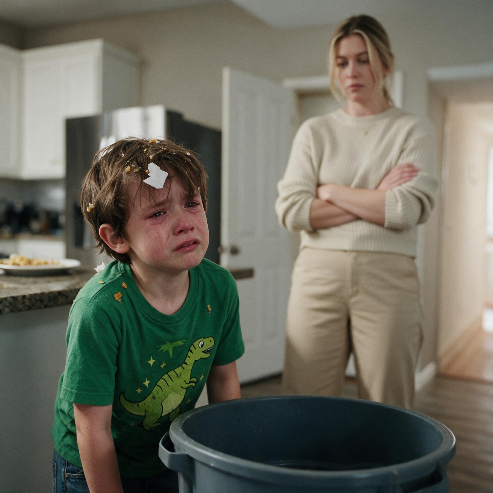 A small boy in a green dinosaur T-shirt crying beside a grey kitchen trash can while his stepmother watches with crossed arms
